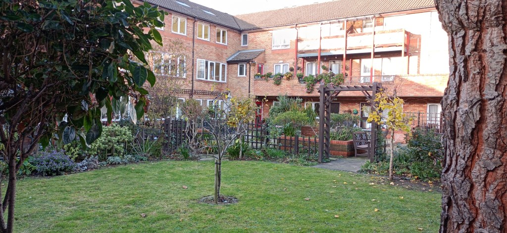 Inner garden of LBH. A lawn and the red-brick buildings.